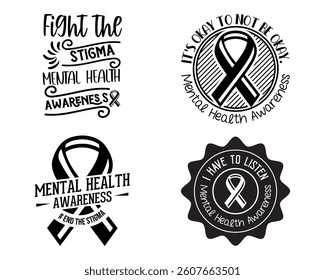 Mental Health Awareness Typography Designs Set with Ribbons and Motivational Slogans