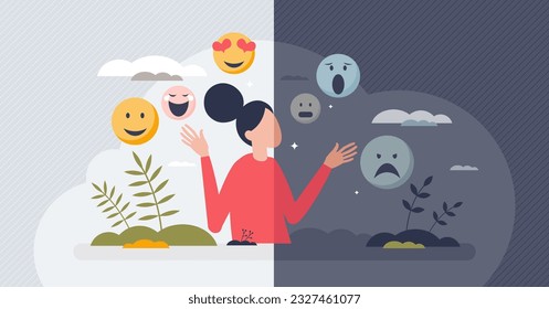 Mental health awareness to understand emotions or feelings tiny person concept. Various psychological diseases literacy to recognize depression, frustration or anxiety problems vector illustration.