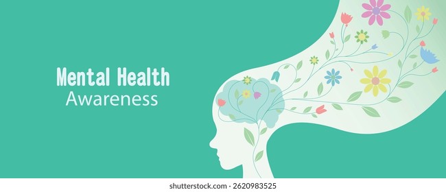 Mental health awareness vector banner with human head, brain and flowers flowing illustration.