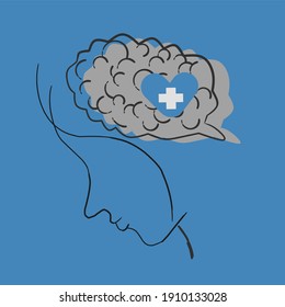 A Mental Health Awareness Vector Illustration With Blue Background. Side View A Young Woman's Face Line Art With Grey Brain And White Cross Sign On Blue Heart.