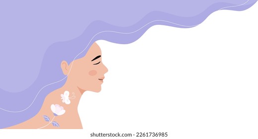 Mental health background for banner, woman smiling and happy emotion with flower and butterfly. flat vector illustration banner.