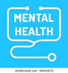 Mental health. Badge with stethoscope icon. Flat vector illustration on blue background.
