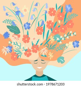 Mental health and balance and harmony with oneself. Flowers in her hair and a smile on the girl's face.