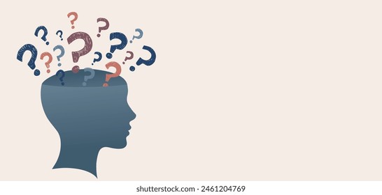 Mental health banner copy space. Profile head with question mark. Emotional burnout. OurMindsMatter. Poster for psychiatry or psychology medical studies clinics