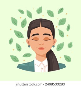 Mental health. Beautiful girl with closed eyes with leaves. Self love and mental health concept