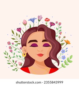 Mental health. Beautiful, sweet girl with closed eyes surrounded by flowers. Mental health concept. Healthy mentality and self-love.  A happy woman feels confident, relaxes, accepts, loves herself. 