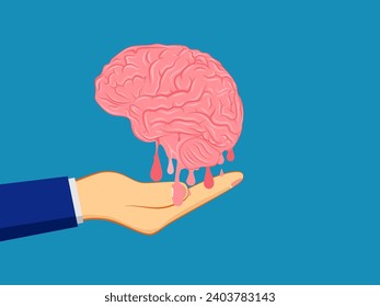 Mental health. Big hand holding a melting brain. vector 