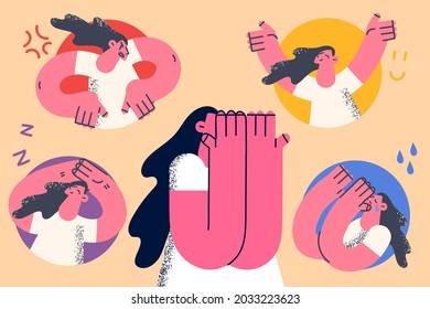 Mental health and bipolar disorder concept. Young woman covering face with hands with various states of mood around from grief to happiness vector illustration 