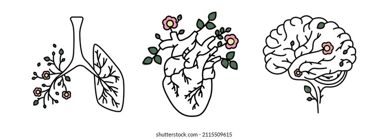 Mental Health. Blooming Heart Lungs And Brain Line Icon.  Mind Concept. Love Life New Page. Vector Illustration