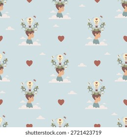 Mental Health Boy Pattern Seamless. Kid Head with Flowers Heart Lightbulb Clouds and Butterflies on Light Blue Background. Concept Harmony, Self Care, Children Wellness. Vector Illustration. Not AI