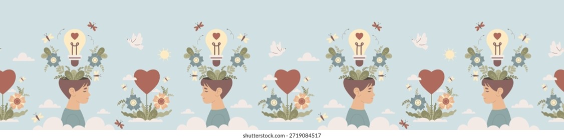 Frontera sin fisuras del niño de la salud mental. Cabeza de niño con flores, bombilla, corazón y pájaros blancos de la paloma en fondo azul claro. Ilustración vectorial Horizontal. Divisor de Web de bienestar y diseño de cinta. No es IA