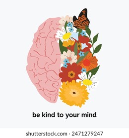 mental health brain blooming flowers in flat illustration