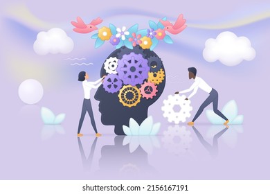 Mental health, brain development, emotions and behavior research. Tiny people and abstract human head with gears in inner space 3d vector illustration. Wellness, emotional intelligence concept