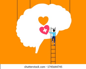 Mental Health ,brain Development  Medical Treatment Concept, Man Climbing Stairs To Set Up Heart To Brain, Setting Good Mindset And Attitude On Orange   Background, Vector  Illustration 