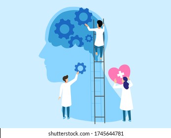 Mental health ,brain development  medical treatment concept, doctors  work together to set up heart and gear to brain, setting good mindset and attitude on gear   background , vector  illustration 