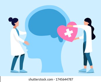 Mental health ,brain development  medical treatment concept, doctors  work together to set up heart to brain of human head, setting  good mindset and attitude on blue   background , vector  illustrati