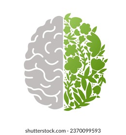 Mental health. A brain half made of flowers. Modern vector illustration.