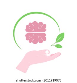 Mental health of the brain. In the hand of a human brain and green leaves. Flat vector illustration, isolated on a white background. 