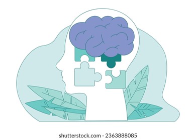Salud Mental con Brain Inside Head and Foliage Vector Illustration