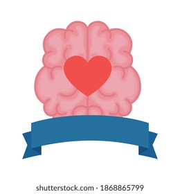 mental health brain organ with heart in ribbon frame vector illustration design