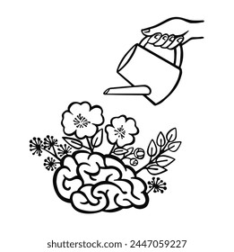 mental health, brain watered from a watering can sketch vector illustration