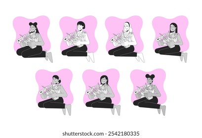 Mental health and breast cancer black and white 2D concepts set. Thriving after mastectomy. Diverse women bouquets outline illustration characters isolated. Metaphors monochrome vector collection