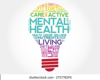 Mental health bulb word cloud, health concept