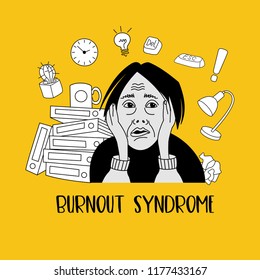 Mental health. Burnout syndrome. Chronic fatigue. Depression. Mental disorder. The woman in a panic. Vector illustration.