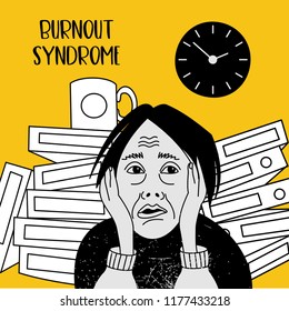 Mental health. Burnout syndrome. Chronic fatigue. Depression. Mental disorder. The woman in a panic. Vector illustration.