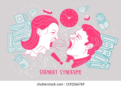 Mental health. Burnout syndrome. Chronic fatigue. Depression. Mental disorder. A woman and a man yelling at each other. They can not do the job. Vector illustration.