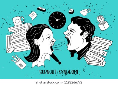 Mental health. Burnout syndrome. Chronic fatigue. Depression. Mental disorder. A woman and a man yelling at each other. They can not do the job. Vector illustration.