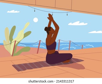 Mental health. Calm woman with closed eyes and crooked legs meditating in yoga lotus position on the seashore. Meditation practice. Zen and harmony concept. Flat vector illustration.