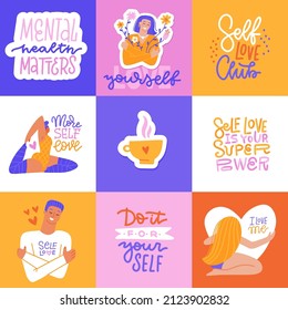 Mental health cards set. Love yourself metaphors. Lifestyle concept social media banners with text about loving yourself. Flat hand drawn vector illustration.
