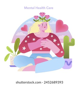 Concepto de atención de salud mental. Ilustración de una figura serena en meditación, simbolizando el enfoque de la Generación Z en el bienestar mental. Ilustración vectorial.