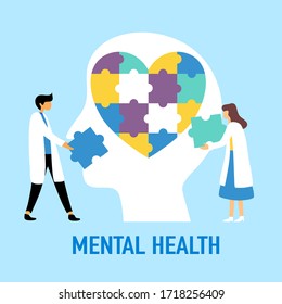 Mental health care concept vector illustration. Psychological therapy and treatment flat design. Doctors are doing a jigsaw puzzle in human head. World mental health day.