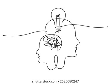 Mental health care in continuous one line drawing. Two heads with light bulb and scribble brain, Psychology healthcare treatment concept. Vector illustration minimalist. Solution for mental disorder