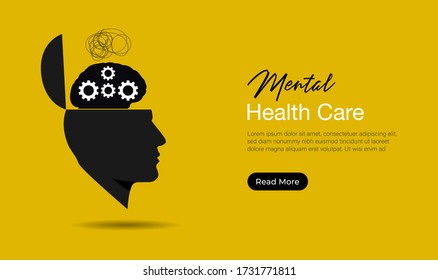 Mental health care design concept. Human head with brain symbol. Psycho therapy vector illustration. For Website landing, poster, flyer, cover or social media printing