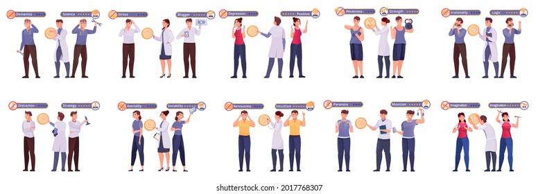 Mental Health Care Flat Set With Doctors Providing Psychological Care To People With Mental Disorders Vector Illustration