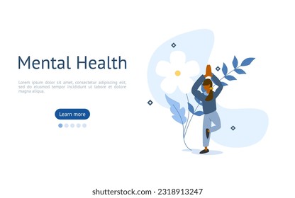 mental health care illustration set. woman did yoga to relax her mind and thoughts, and she can calm her mind. psychotherapy concept. vector illustration.