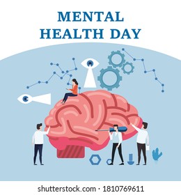 Mental Health Care landing template. Doctors help cure tune human brain to give psychology love therapy, tiny people style flat vector illustration
