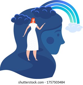 mental health care, love yourself, sad young girl is stressed, psychology depression, design in cartoon style vector illustration. Isolated on white, man in isolation, help concept for lonely.