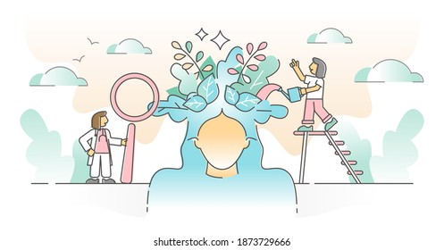 Mental health care with mind psychological balance therapy outline concept. Thoughts emotional control and positive mood help from medics and doctors vector illustration. Artistic person Imagination.