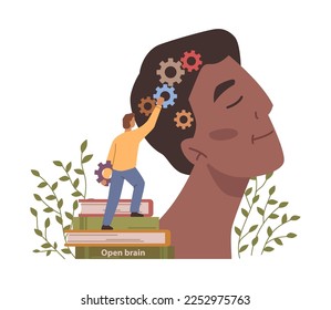 Mental health care and mindfulness, practicing awareness and meditation. Isolated head with gears and puzzle, decorative foliage. Vector in flat style