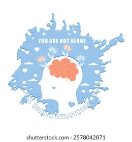 Mental health care poster. Promoting mental health awareness with brain silhouette. Mental Health concept. Flat vector illustration.