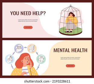 Mental health care and psychological support banner templates collection. Psychotherapy, counseling and psychological help banners or flyers, flat vector illustration.