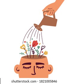 Mental health care, psychological therapy concept. Human hand with watering can irrigates blossom flowers inside head. Self care, healthy life. Psychologist help. Blooming brain vector illustration
