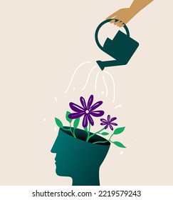 Mental health care, psychological therapy concept. Human hand with watering can irrigates blossom flowers inside head. Self care, healthy life. Psychologist help. Blooming brain vector illustration.