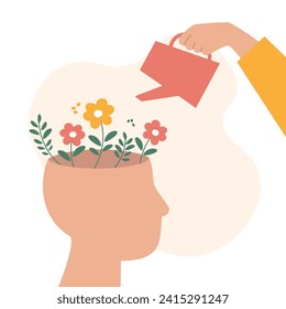 Mental health care, psychological therapy concept. Human hand with watering can irrigates blossom flowers inside head