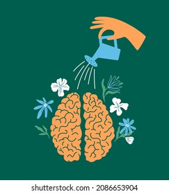 Mental health care, psychology therapy. Wellness mind, wellbeing, psychologist help, self care, growth. Human hand watering flowers in brain. Blooming garden in head. Abstract vector illustration