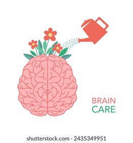 Mental health care, psychology therapy. Wellness mind, wellbeing, psychologist help, self care, growth. Watering flowers in brain. Blooming garden in head. 